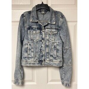 Free People Jacket Womens XS Extra Small Denim Distressed Trucker Thrashed Stain